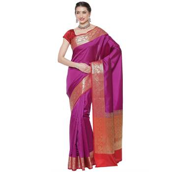 Pink woven katan silk saree with blouse 1