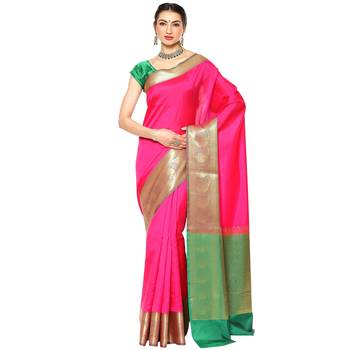 Pink woven katan silk saree with blouse 1