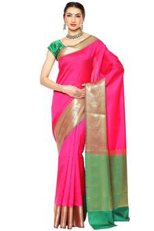 Pink woven katan silk saree with blouse