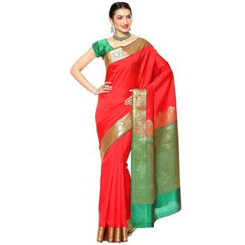 Red woven katan silk saree with blouse 1