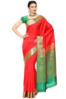 Red woven katan silk saree with blouse