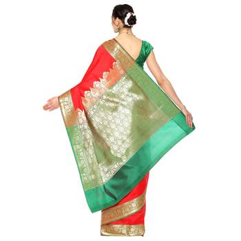 Red woven katan silk saree with blouse 2
