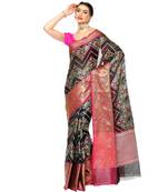 Black woven katan silk saree with blouse