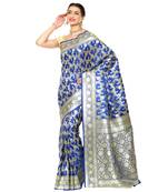 Blue woven katan silk saree with blouse