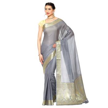 Grey woven katan silk saree with blouse 1