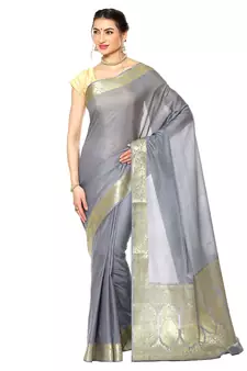 Grey woven katan silk saree with blouse