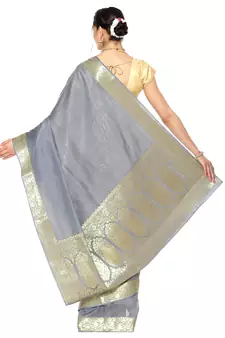 Grey woven katan silk saree with blouse