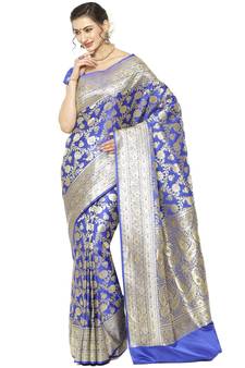 Blue woven katan silk saree with blouse