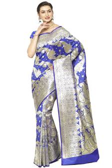 Blue woven satin saree with blouse
