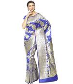Blue woven satin saree with blouse