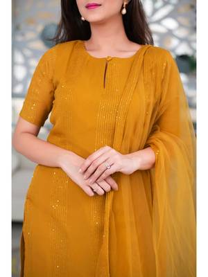 Mustard Poly Rayon Women's Kurta & Pant Set With Ruffle Dupatta 6