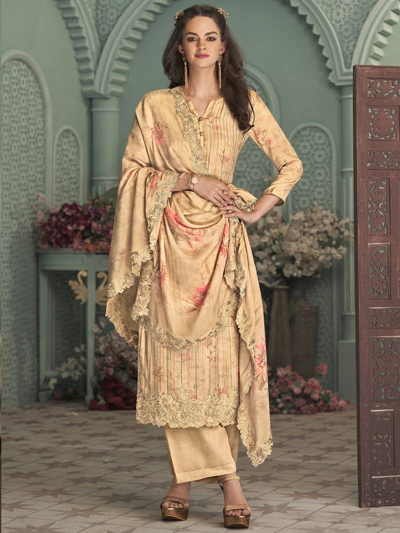 Beige embroidered pure bemberg salwar