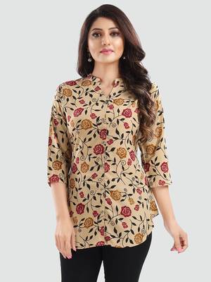 Beige printed crepe short-kurtis 1