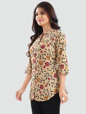 Beige printed crepe short-kurtis 2