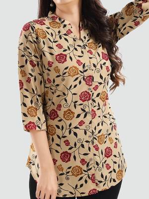 Beige printed crepe short-kurtis 4