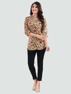 Beige printed crepe short-kurtis 5