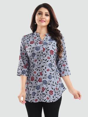 Grey printed crepe short-kurtis 1