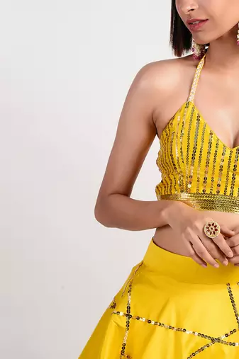 ochre yellow mosaic lehenga