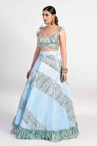 Blue Silk Embroidered Lehenga Set