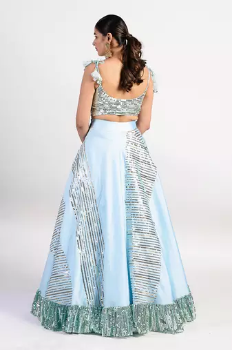 Blue Silk Embroidered Lehenga Set