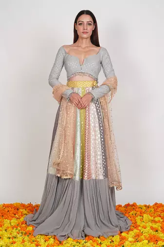 pastel gery seerat lehenga