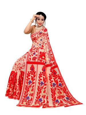 Peach woven cotton silk saree with blouse 2