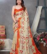 Beige printed chiffon saree with blouse