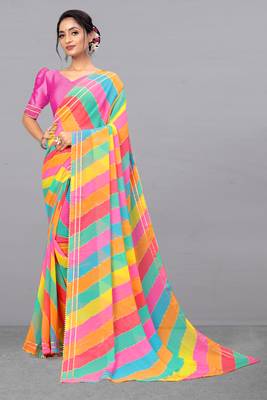 Pink printed georgette saree with blouse 1