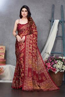 Dark red printed chiffon saree with blouse