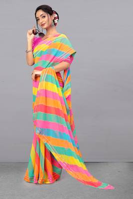 Pink printed georgette saree with blouse 2