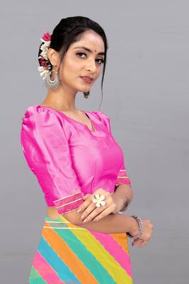 Pink printed georgette saree with blouse 5