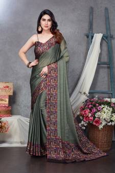 Olive printed chiffon saree with blouse