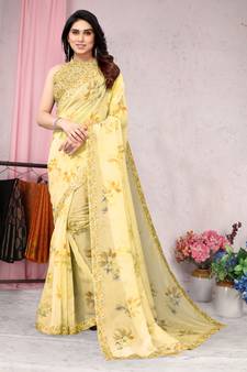 Yellow Printed Organza Saree With Blouse