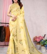 Yellow Printed Organza Saree With Blouse