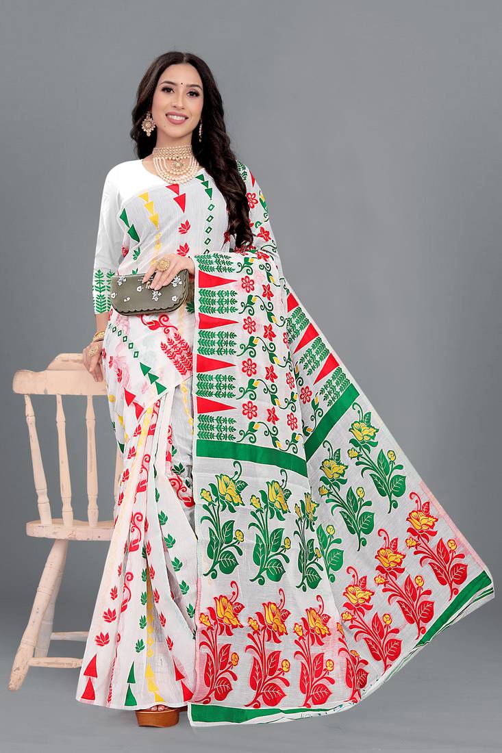 White woven cotton silk saree with blouse