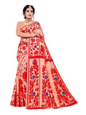 Peach woven cotton silk saree with blouse 1