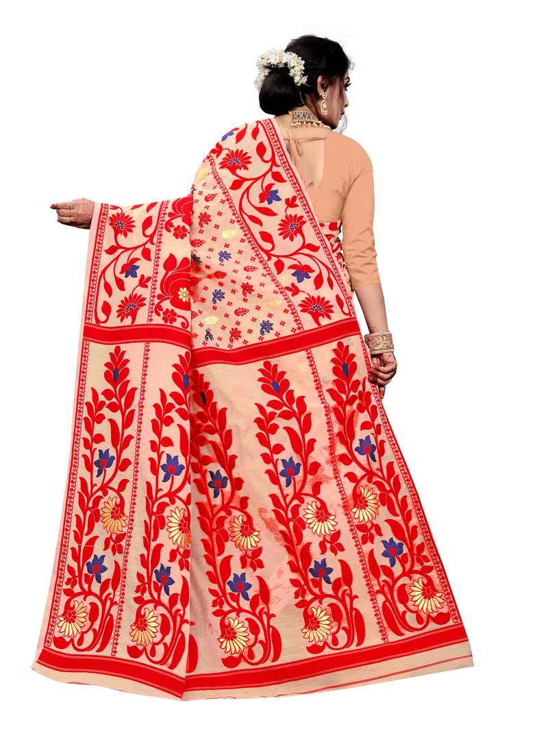 Peach woven cotton silk saree with blouse