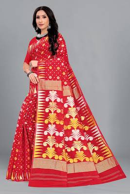 Red Woven Cotton Silk Saree With Blouse Without Blouse 4