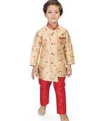 Beige embroidered cotton silk boys-kurta-pyjama