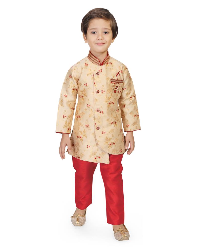 Beige embroidered cotton silk boys-kurta-pyjama