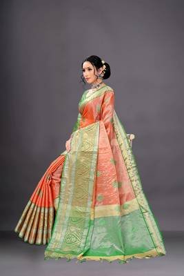 Orange woven organza saree with blouse 3
