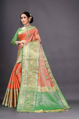 Orange woven organza saree with blouse 4