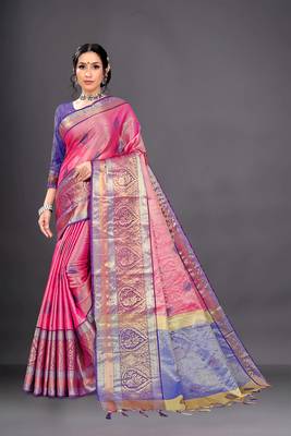 Pink Woven Organza Saree With Blouse 1