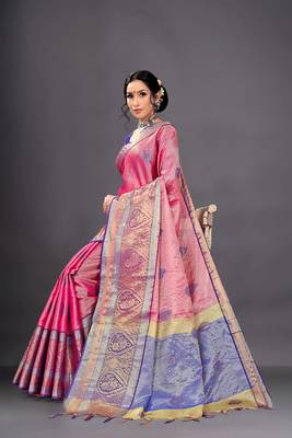 Pink Woven Organza Saree With Blouse 3