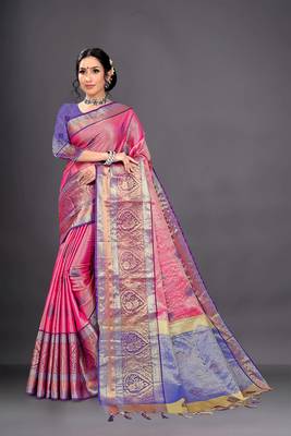 Pink Woven Organza Saree With Blouse 4