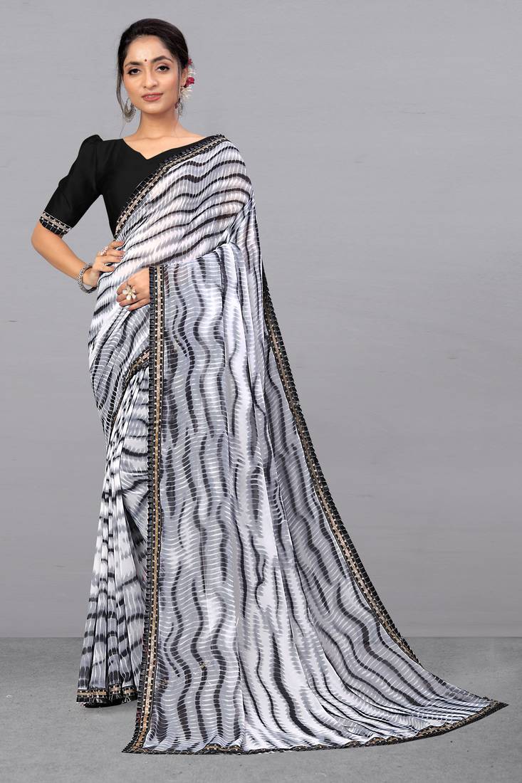 Black printed georgette saree with blouse