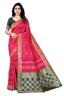 Pink woven banarasi silk saree with blouse