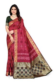 Maroon woven banarasi silk saree with blouse