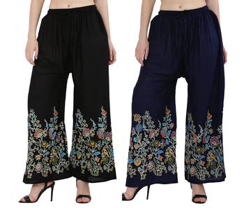 Women Black, Navy Flower Print Rayon Palazzo Pants (Free Size) 1