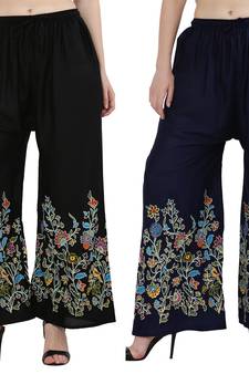 Women Black, Navy Flower Print Rayon Palazzo Pants (Free Size)